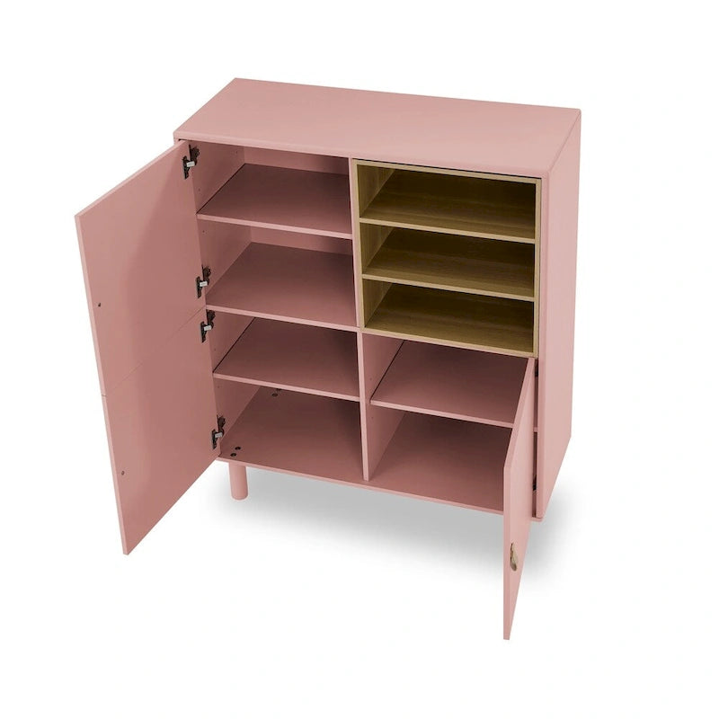 Bahut moderne en bois avec pieds ronds et étagère