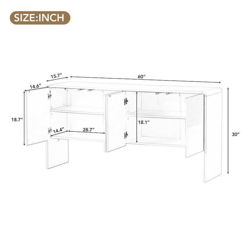 Buffet 4 portes 60 L avec étagères réglables et dispositif anti-rebond