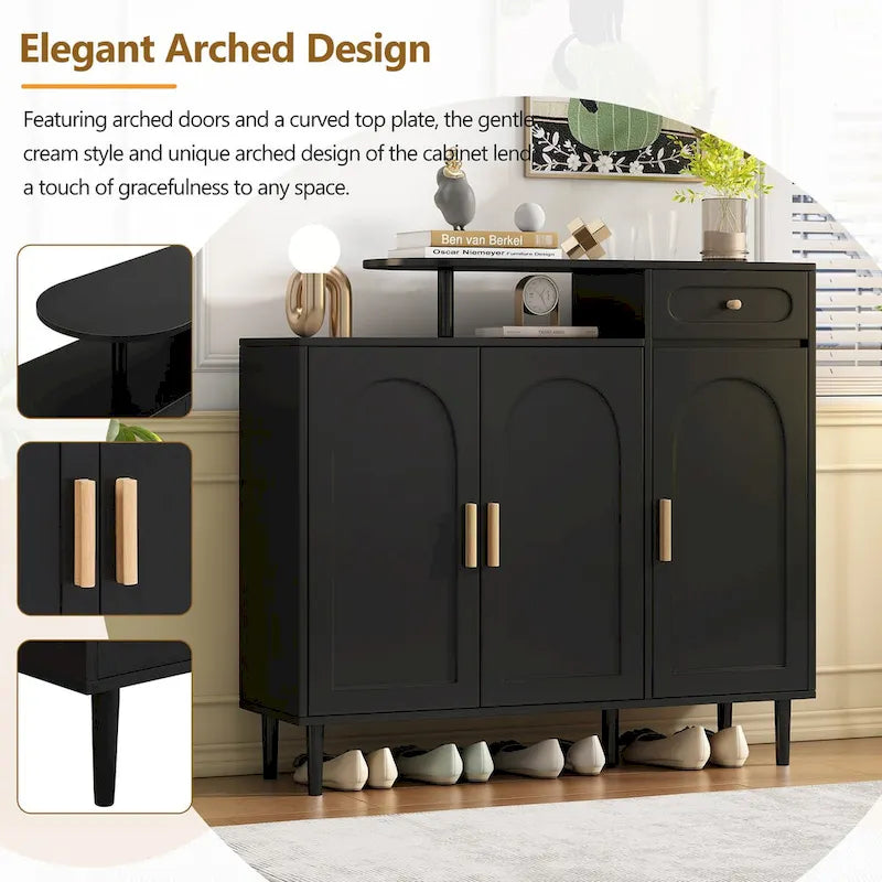 Meuble à chaussures avec portes arquées et tiroir – Étagères réglables et buffet de rangement