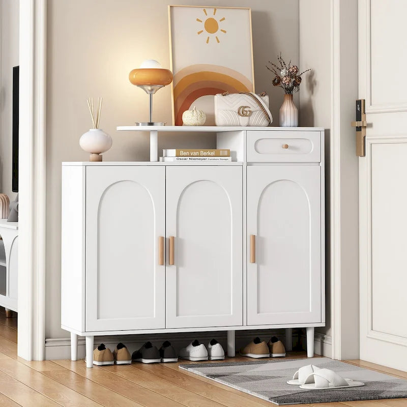 Meuble à chaussures avec portes arquées et tiroir – Étagères réglables et buffet de rangement
