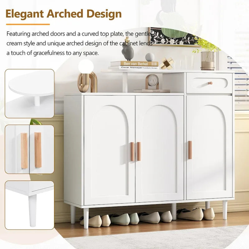 Meuble à chaussures avec portes arquées et tiroir – Étagères réglables et buffet de rangement