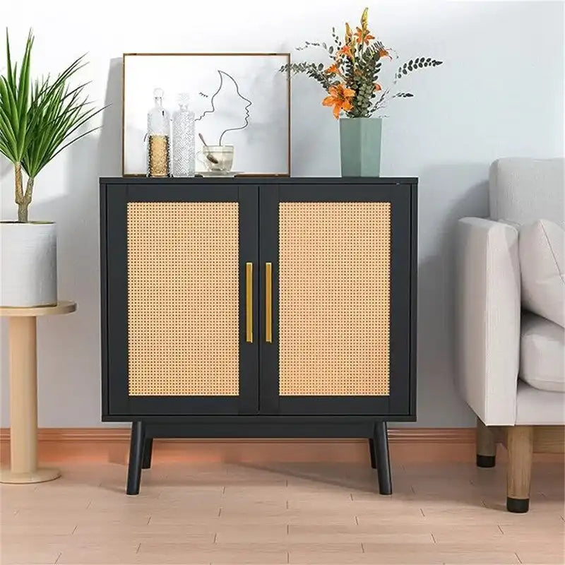 Buffet en rotin avec portes et étagères réglables