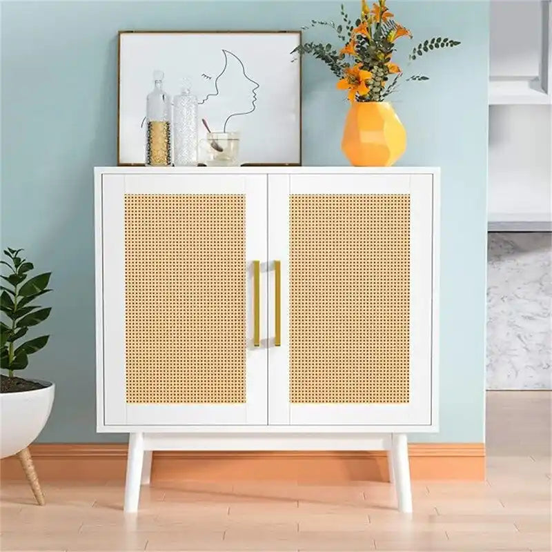 Buffet en rotin avec portes et étagères réglables