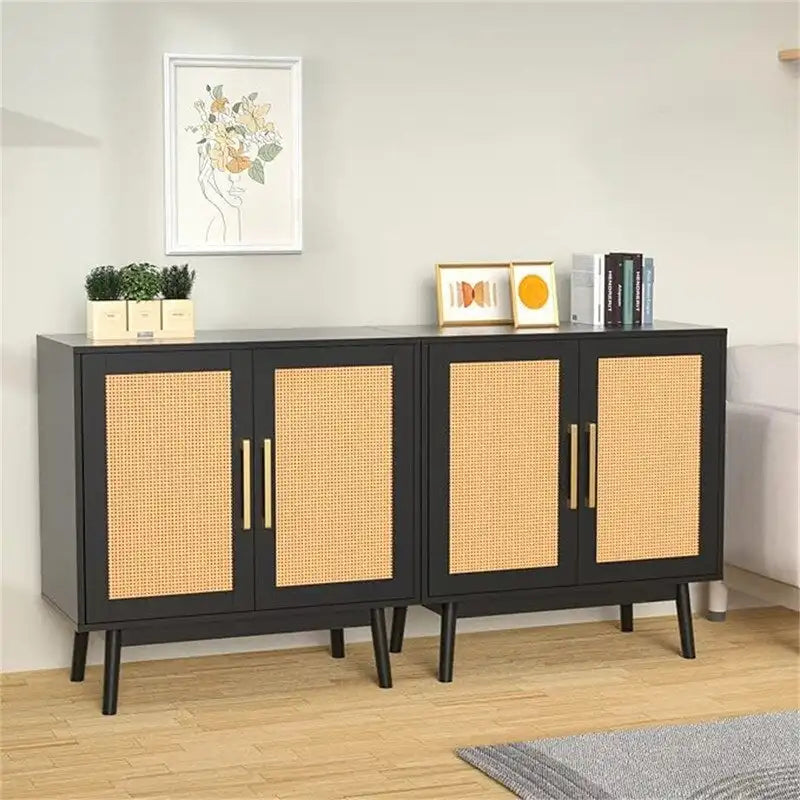 Buffet en rotin avec portes et étagères réglables
