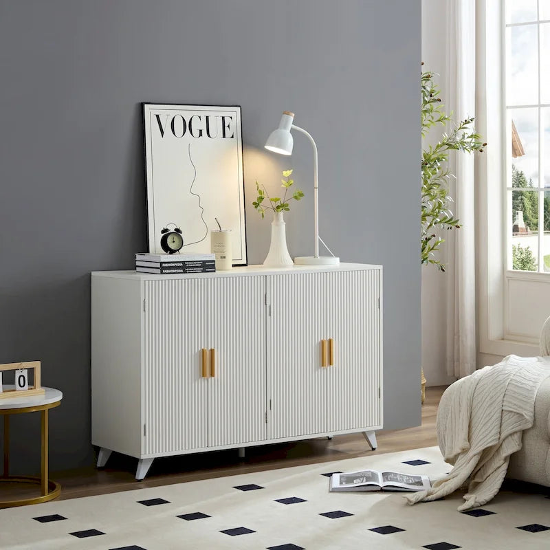 Buffet de Rangement avec 4 Portes, Salon & Salle à Manger, Blanc Ivoire