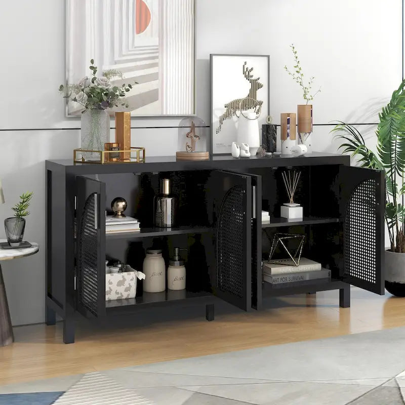 Buffet Bahut 4 Portes en Rotin avec Étagères Réglables
