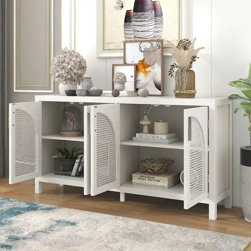 Buffet Bahut 4 Portes en Rotin avec Étagères Réglables