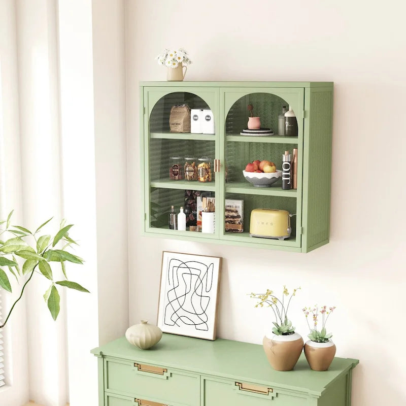 27.56" Two-Door Wall Cabinet with Glass Doors & Three-Tier Storage