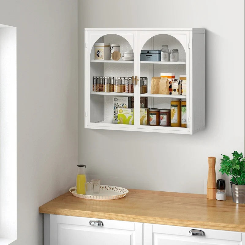 27.56" Two-Door Wall Cabinet with Glass Doors & Three-Tier Storage