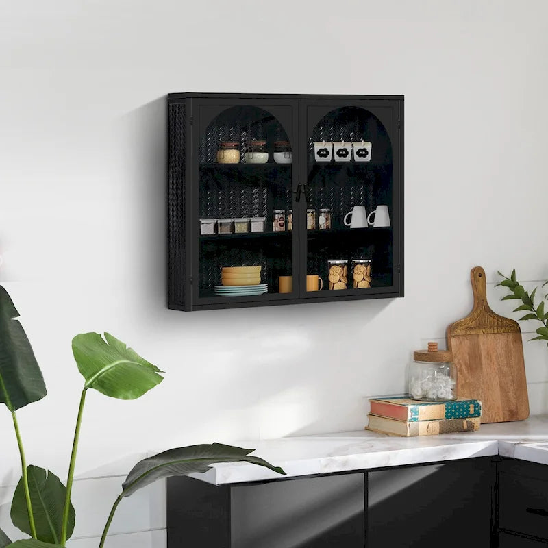27.56" Two-Door Wall Cabinet with Glass Doors & Three-Tier Storage