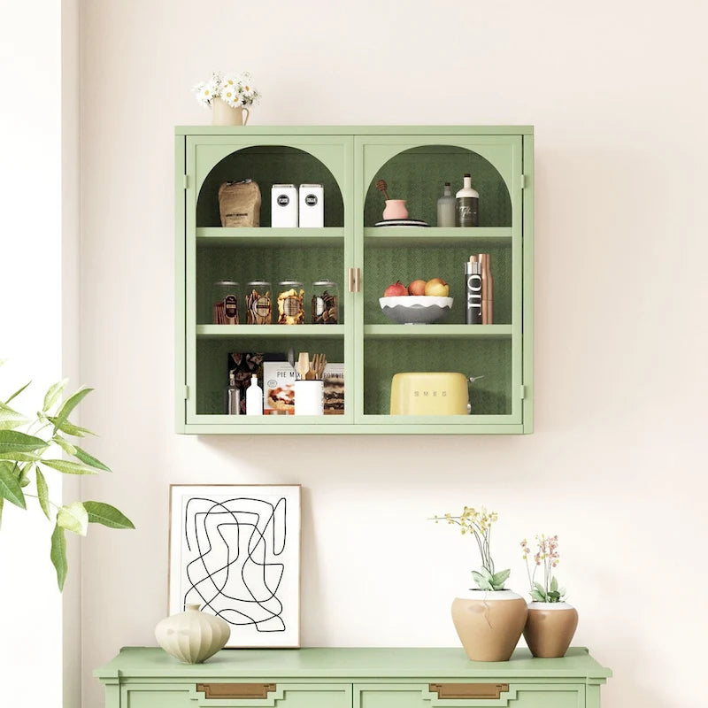 27.56" Two-Door Wall Cabinet with Glass Doors & Three-Tier Storage
