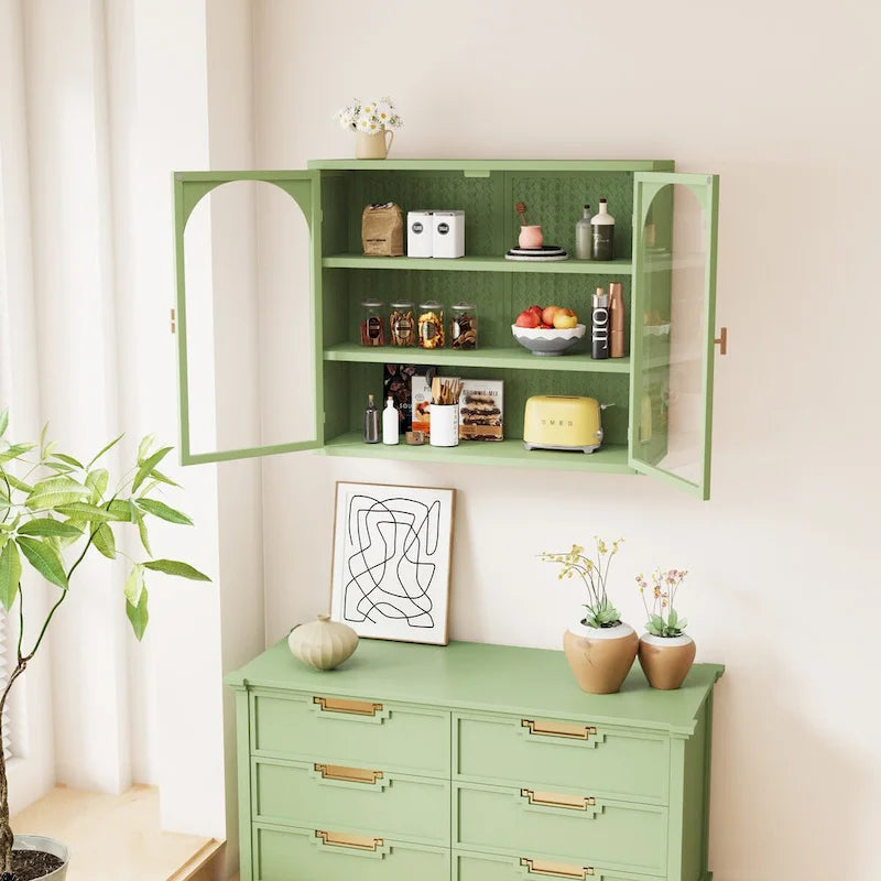 27.56" Two-Door Wall Cabinet with Glass Doors & Three-Tier Storage