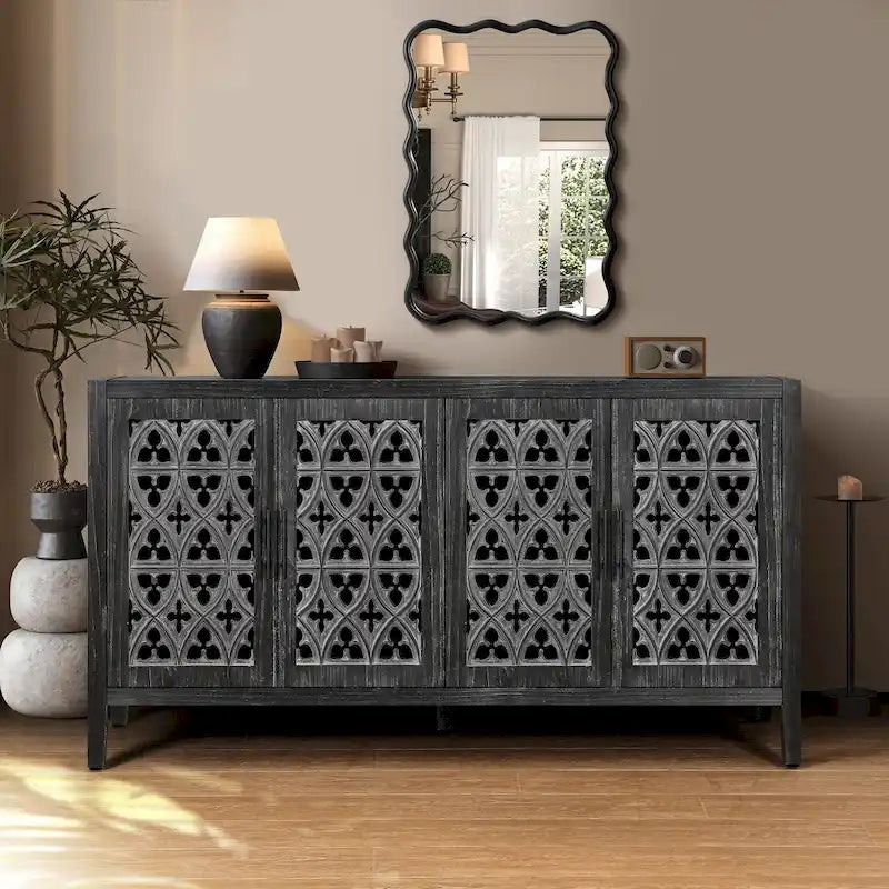 Meuble Ancien Quatre Portes Évidées, Convient pour le Salon, Meuble TV, Cuisine (Noir Antique)