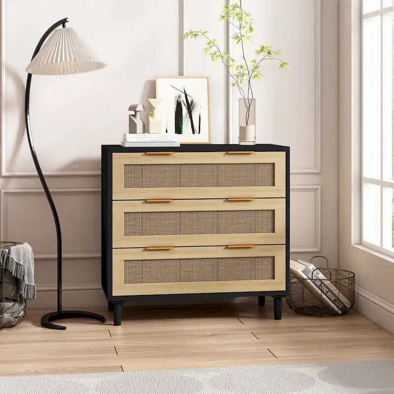 Commode à 3 tiroirs en rotin pour chambre, salon et salle à manger