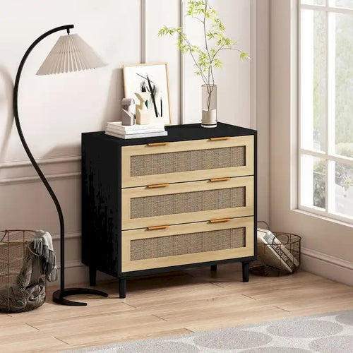 Commode à 3 tiroirs en rotin pour chambre, salon et salle à manger