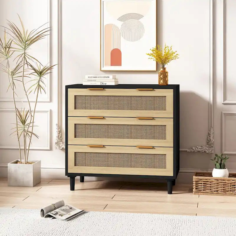 Commode à 3 tiroirs en rotin pour chambre, salon et salle à manger