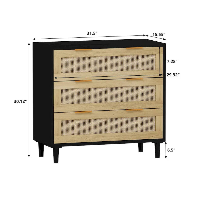 Commode à 3 tiroirs en rotin pour chambre, salon et salle à manger