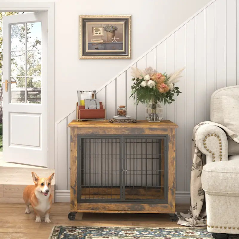 Table d'appoint cage pour chien de style mobilier sur roulettes avec doubles portes et plateau relevable
