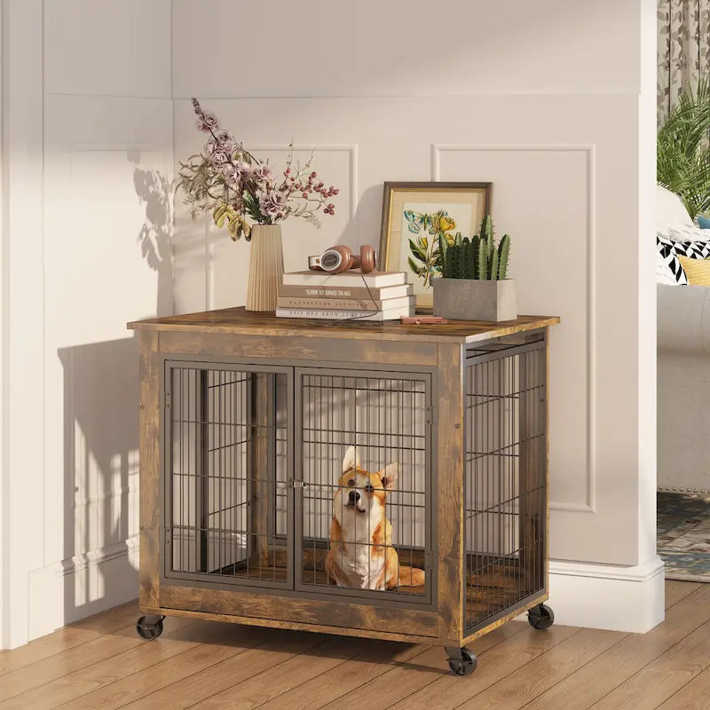 Table d'appoint cage pour chien de style mobilier sur roulettes avec doubles portes et plateau relevable