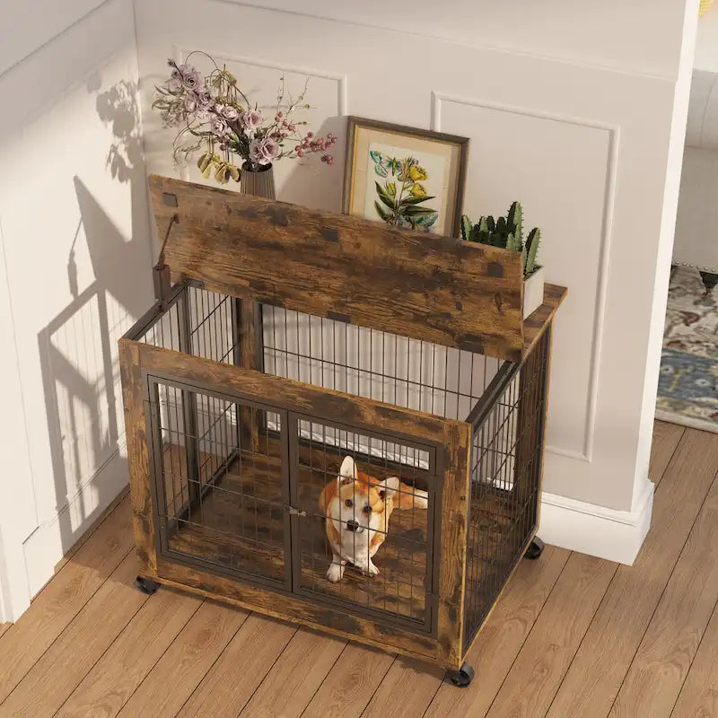 Table d'appoint cage pour chien de style mobilier sur roulettes avec doubles portes et plateau relevable