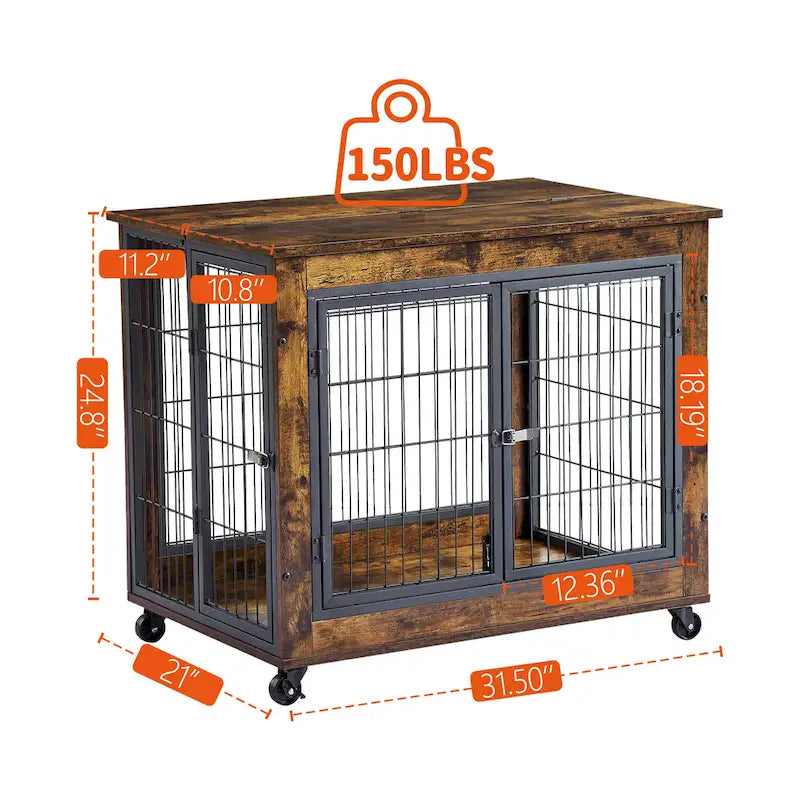 Table d'appoint cage pour chien de style mobilier sur roulettes avec doubles portes et plateau relevable