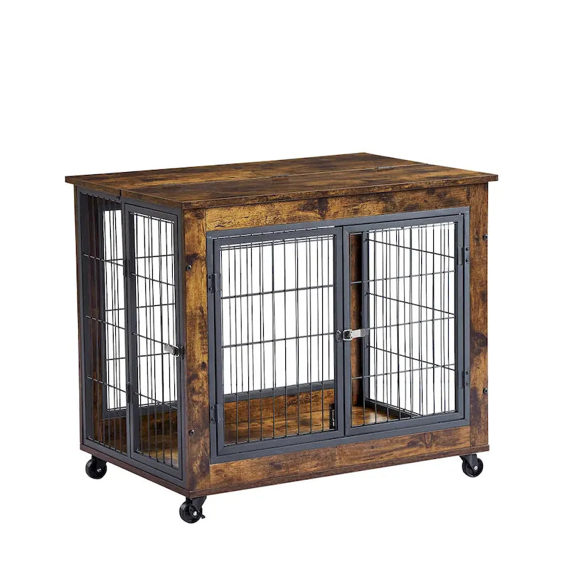 Table d'appoint cage pour chien de style mobilier sur roulettes avec doubles portes et plateau relevable
