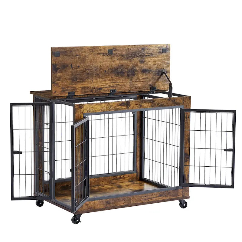 Table d'appoint cage pour chien de style mobilier sur roulettes avec doubles portes et plateau relevable