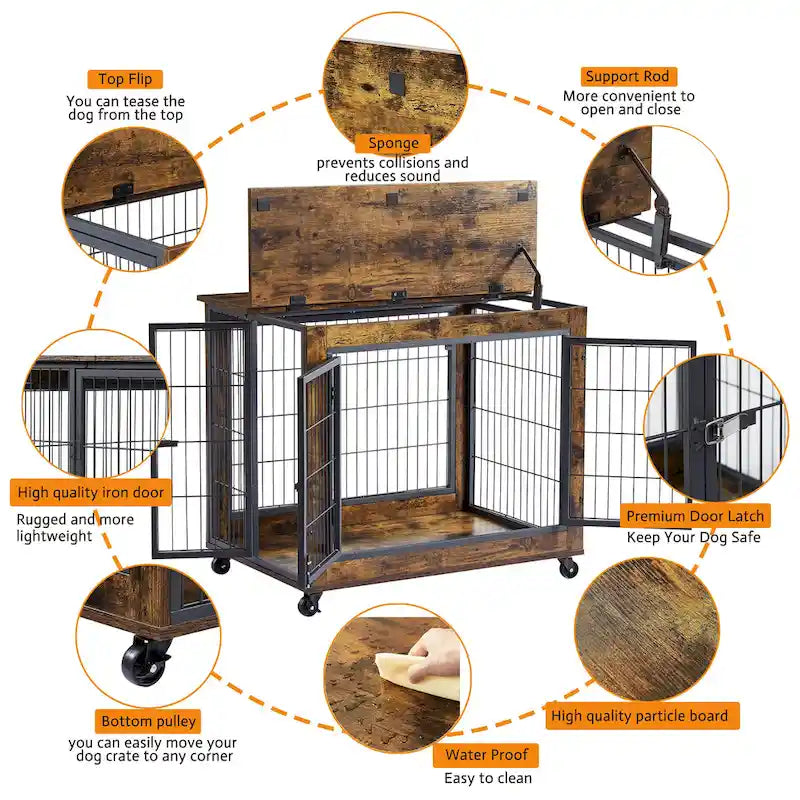 Table d'appoint cage pour chien de style mobilier sur roulettes avec doubles portes et plateau relevable