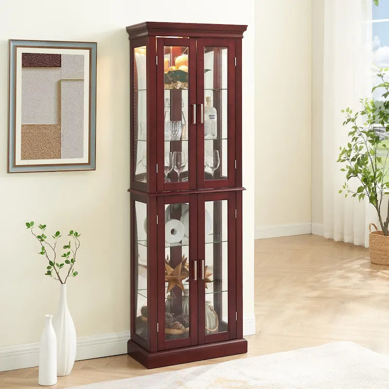 Vitrine d'exposition éclairée avec étagères réglables, panneau arrière en miroir et portes en verre trempé (6 niveaux)