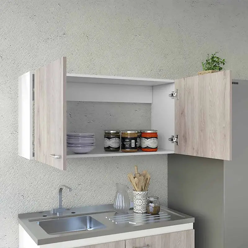 Meuble Haut, Deux Étagères, Double Porte, Fini Blanc / Gris Clair