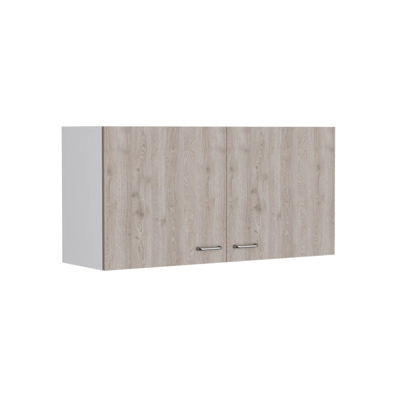 Meuble Haut, Deux Étagères, Double Porte, Fini Blanc / Gris Clair
