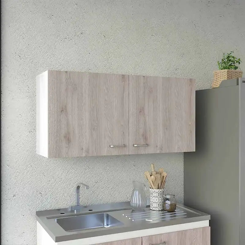 Meuble Haut, Deux Étagères, Double Porte, Fini Blanc / Gris Clair