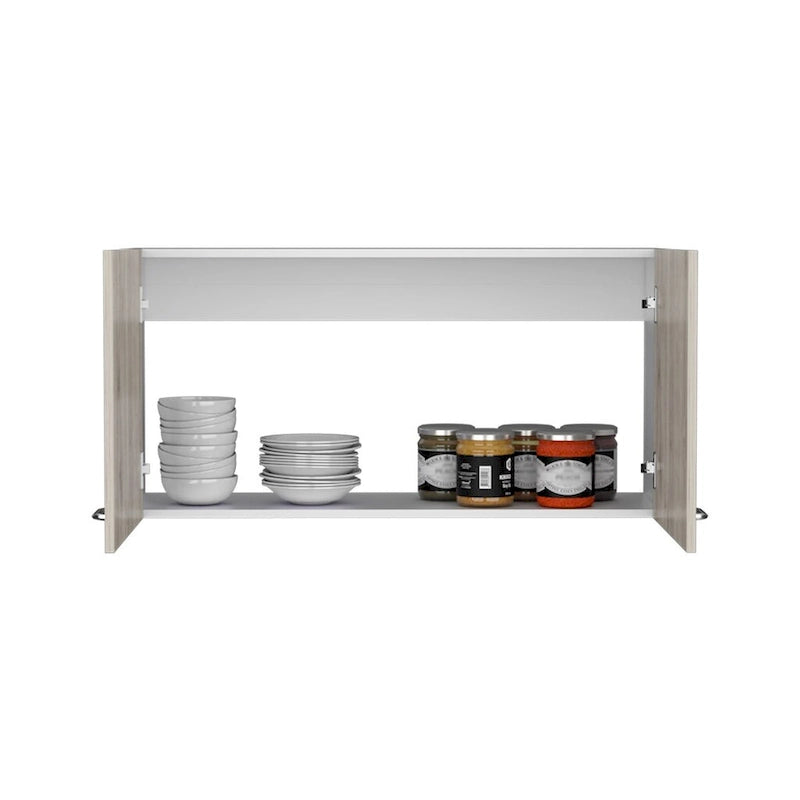Meuble Haut, Deux Étagères, Double Porte, Fini Blanc / Gris Clair