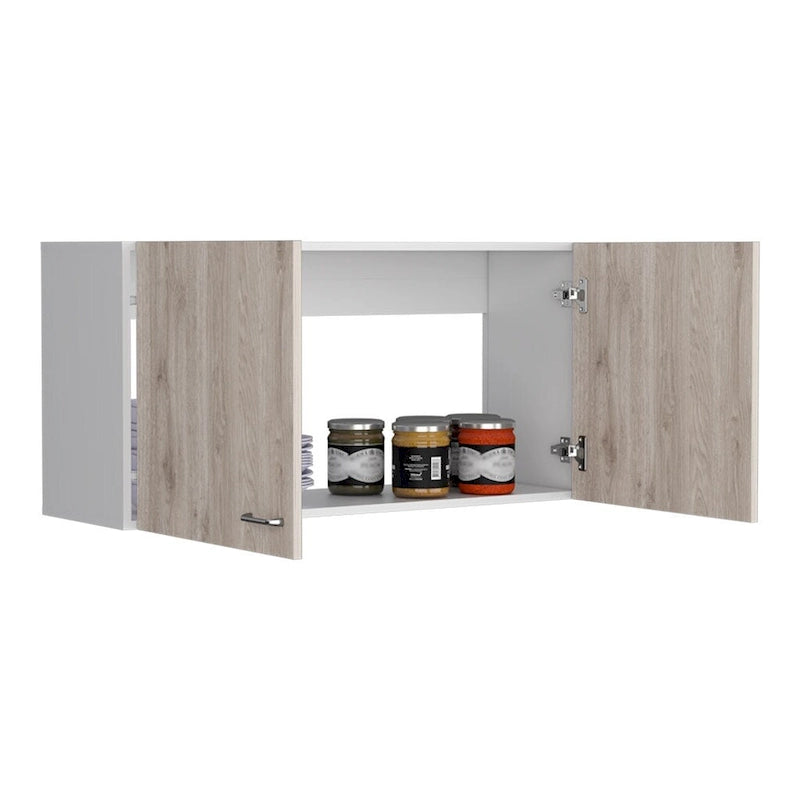 Meuble Haut, Deux Étagères, Double Porte, Fini Blanc / Gris Clair