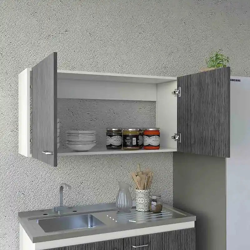 Meuble Haut, Deux Étagères, Double Porte, Fini Blanc / Gris Clair