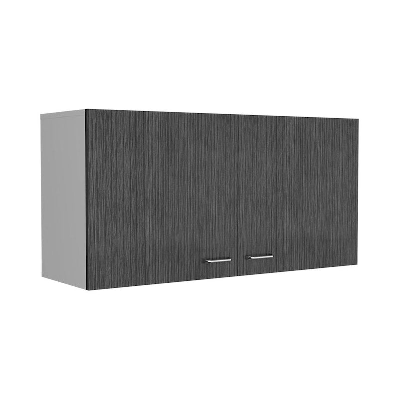 Meuble Haut, Deux Étagères, Double Porte, Fini Blanc / Gris Clair