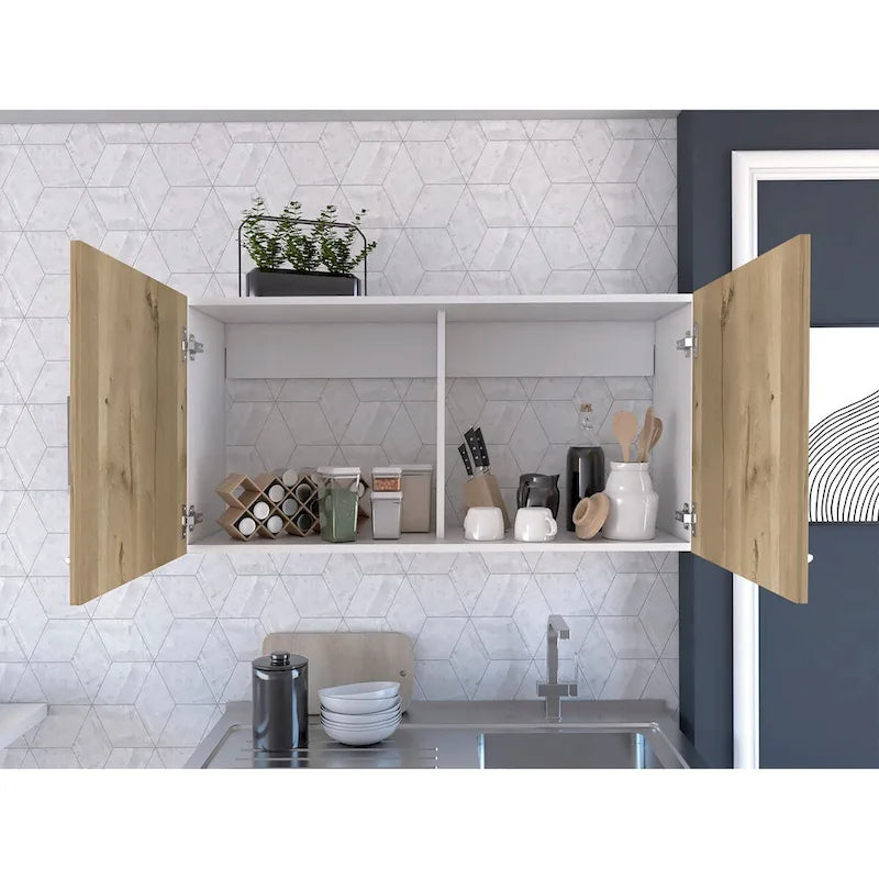 Meuble Haut, Deux Étagères, Double Porte, Fini Blanc / Gris Clair