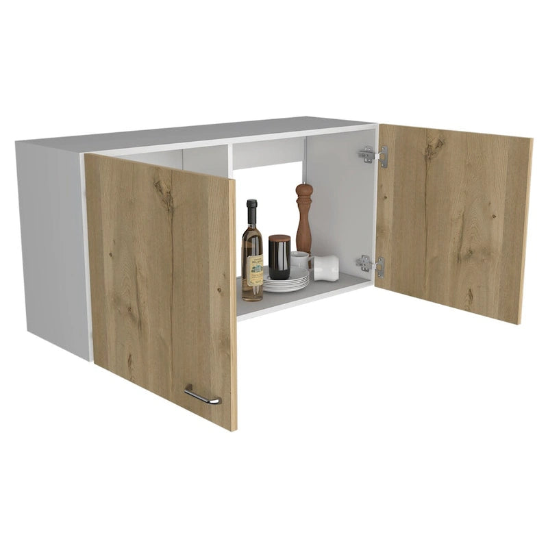 Meuble Haut, Deux Étagères, Double Porte, Fini Blanc / Gris Clair