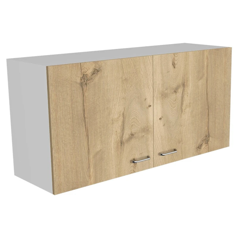 Meuble Haut, Deux Étagères, Double Porte, Fini Blanc / Gris Clair