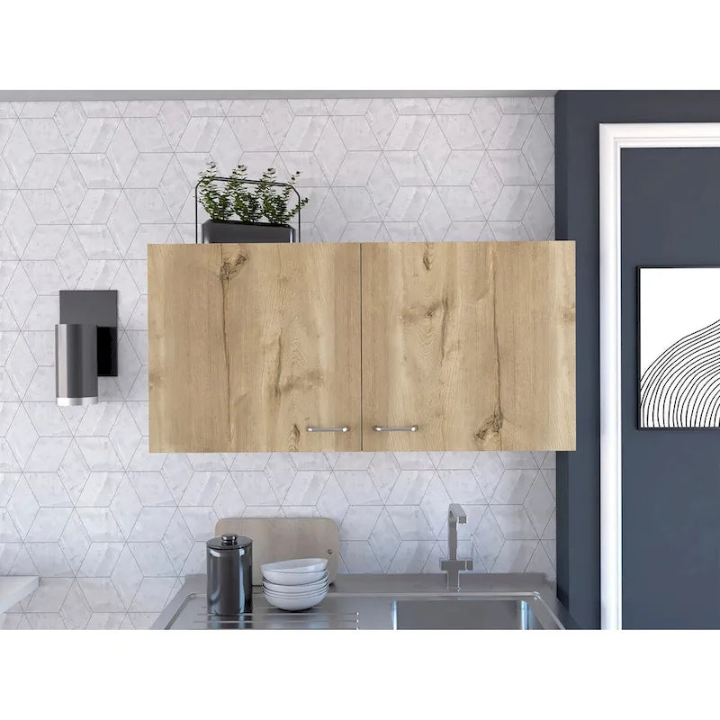 Meuble Haut, Deux Étagères, Double Porte, Fini Blanc / Gris Clair