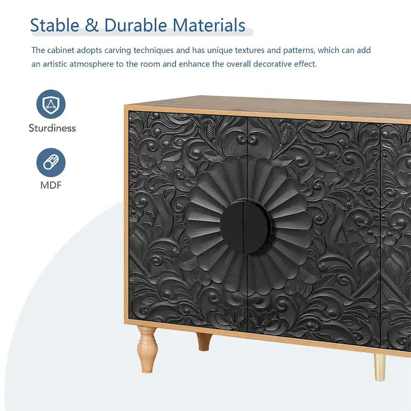 Meuble de rangement noir avec portes sculptées