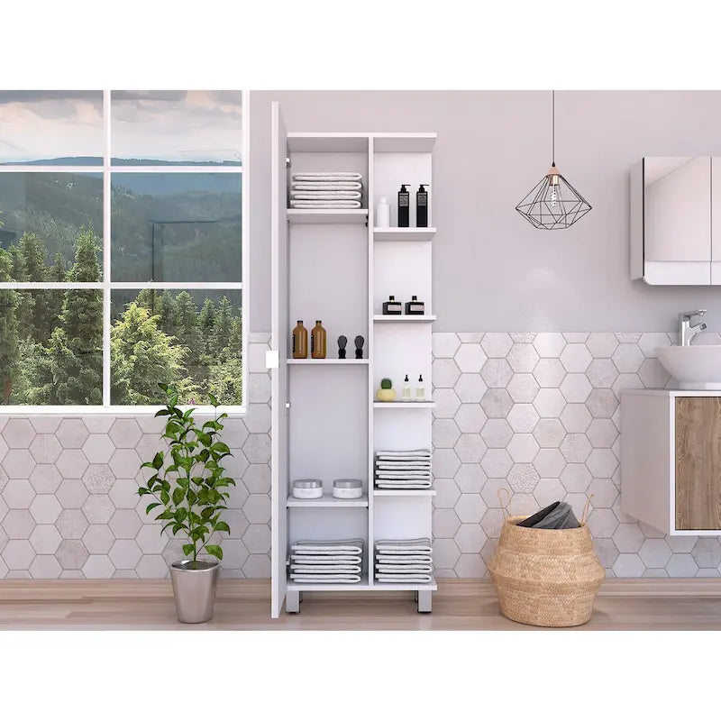 Meuble d'angle, cinq étagères ouvertes, une porte, finition blanche