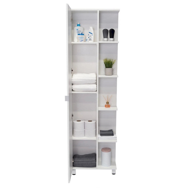 Meuble d'angle, cinq étagères ouvertes, une porte, finition blanche