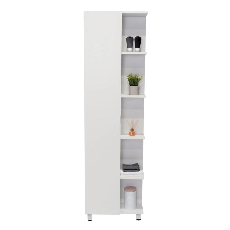Meuble d'angle, cinq étagères ouvertes, une porte, finition blanche