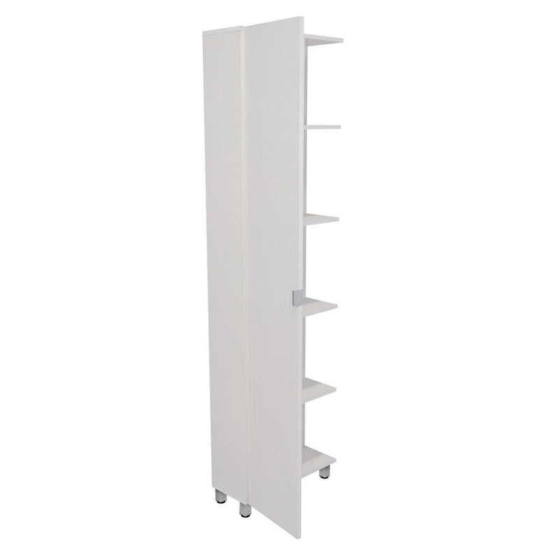 Meuble d'angle, cinq étagères ouvertes, une porte, finition blanche