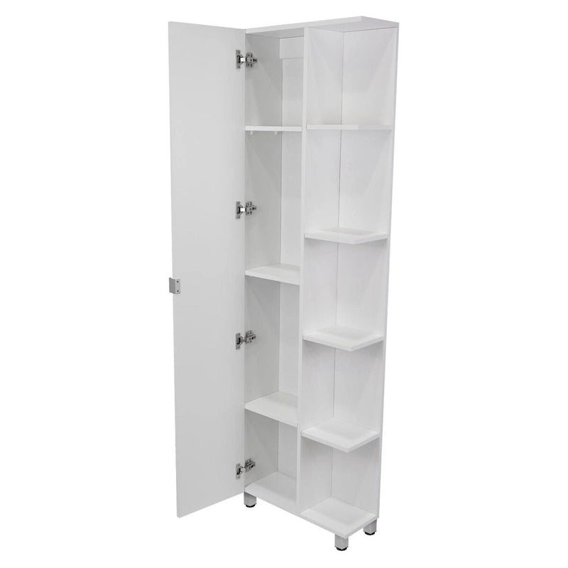 Meuble d'angle, cinq étagères ouvertes, une porte, finition blanche