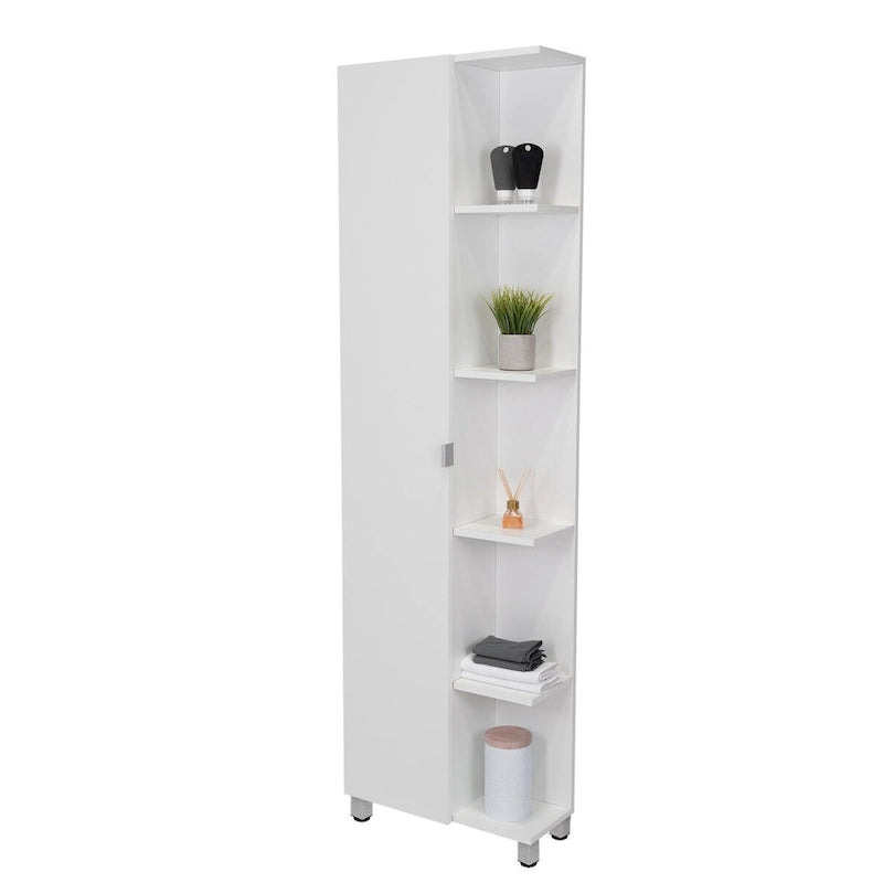 Meuble d'angle, cinq étagères ouvertes, une porte, finition blanche