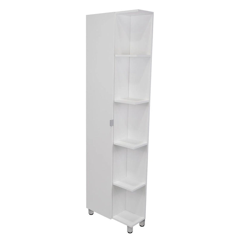 Meuble d'angle, cinq étagères ouvertes, une porte, finition blanche