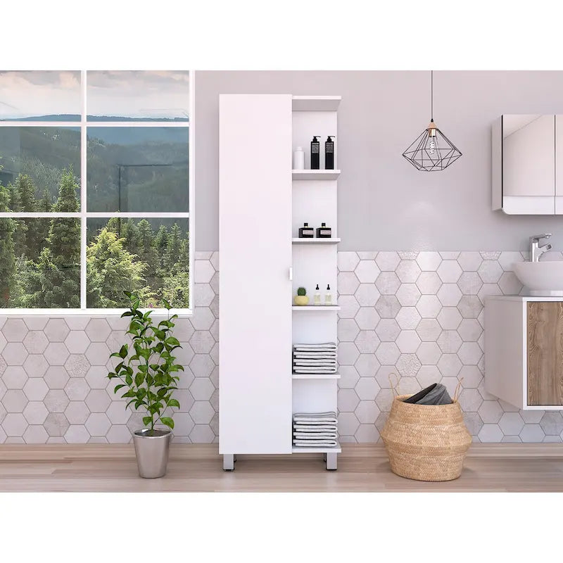 Meuble d'angle, cinq étagères ouvertes, une porte, finition blanche
