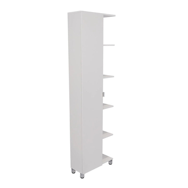 Meuble d'angle, cinq étagères ouvertes, une porte, finition blanche